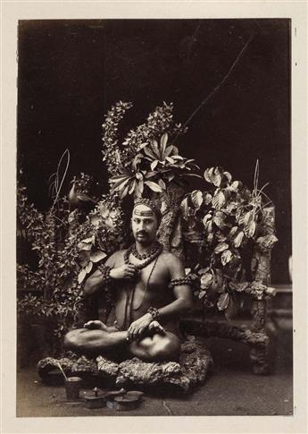 (INDIA) Album containing 105 exotic photographs, including many marvelous portraits of street tradesmen, studio portraits of native wom